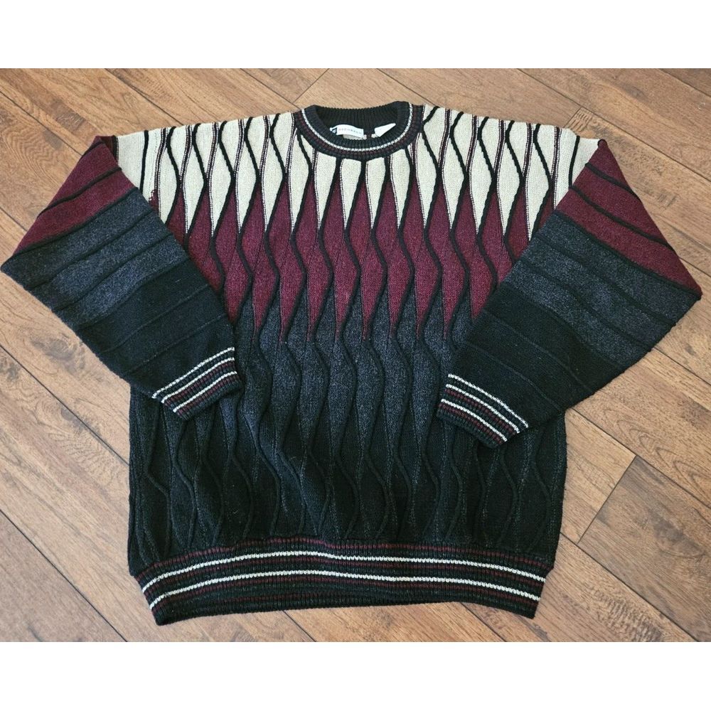 Bachrach Sweater COOGI style Chunky 3d Knit Burgandy Tan Navy‎ Size Large